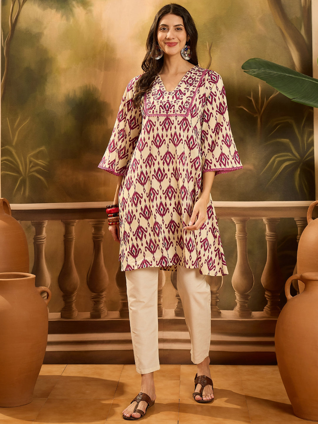 Ikat Printed &amp; Embroidered Cotton A-Line Kurta