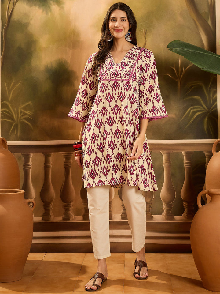Ikat Printed &amp; Embroidered Cotton A-Line Kurta