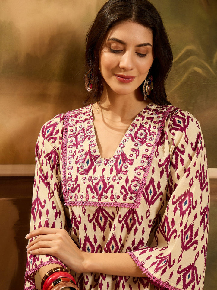 Ikat Printed &amp; Embroidered Cotton A-Line Kurta