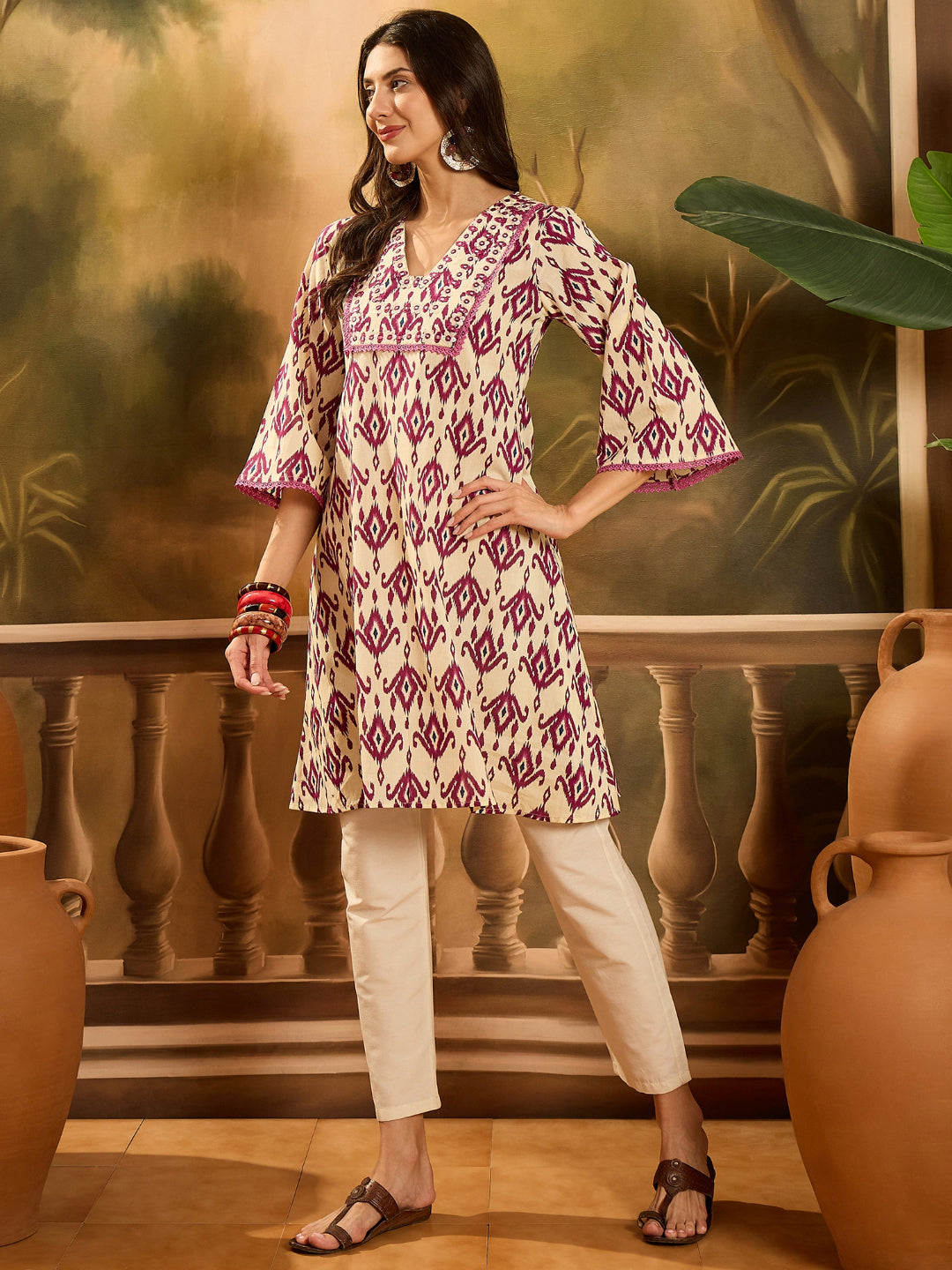 Ikat Printed &amp; Embroidered Cotton A-Line Kurta