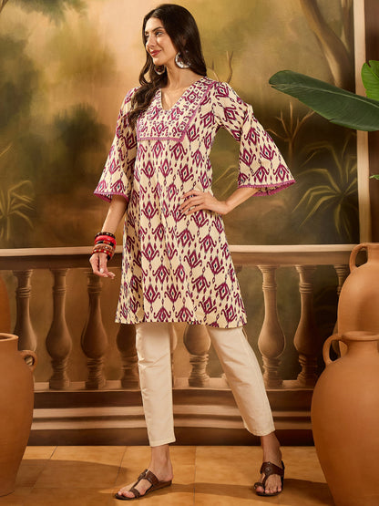 Ikat Printed & Embroidered Cotton A-Line Kurta