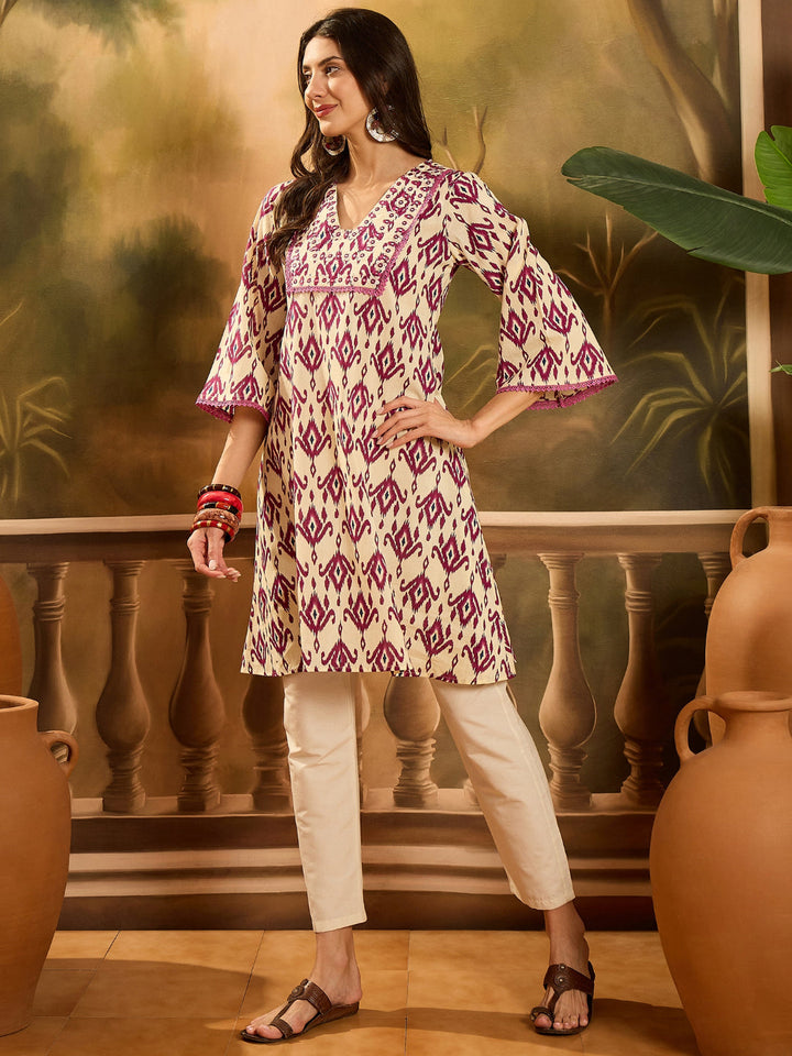 Ikat Printed &amp; Embroidered Cotton A-Line Kurta