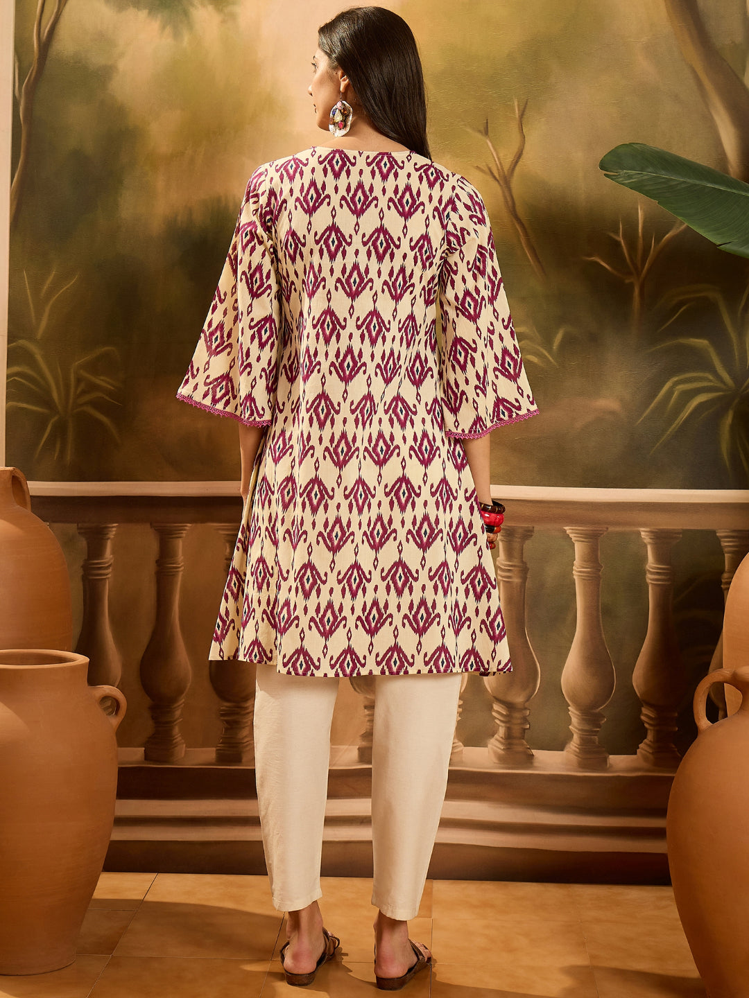 Ikat Printed &amp; Embroidered Cotton A-Line Kurta