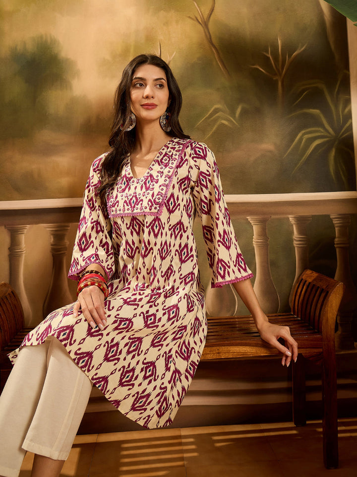 Ikat Printed &amp; Embroidered Cotton A-Line Kurta