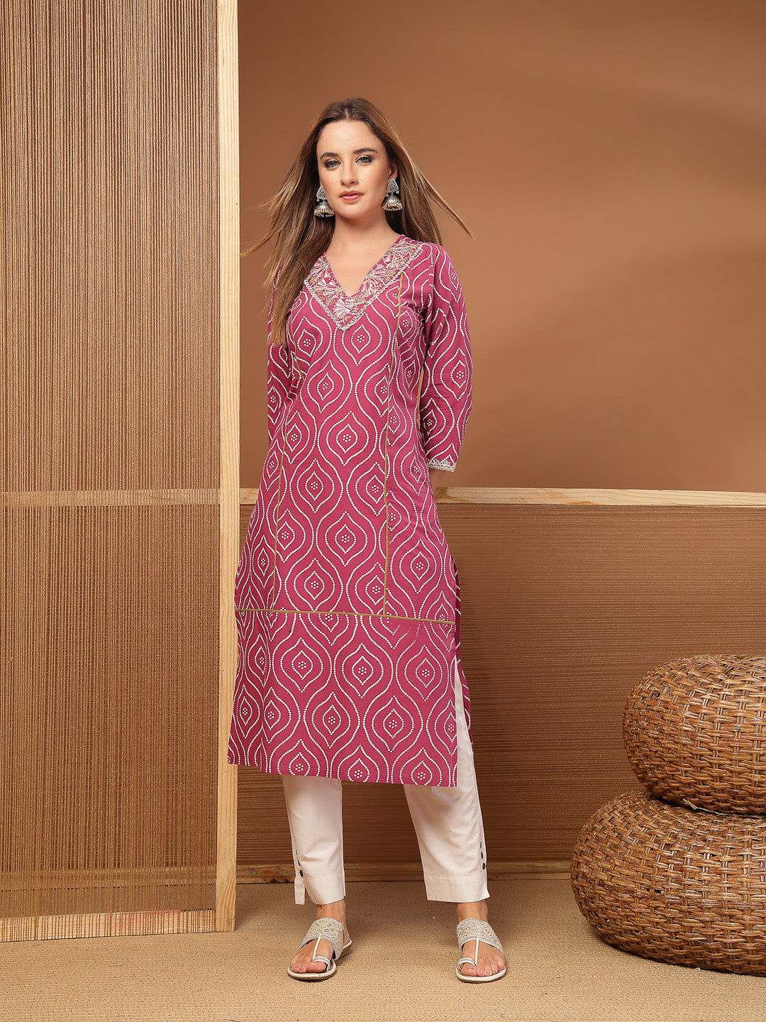 Bandhej Printed &amp; Embroidered Cotton Straight Kurta