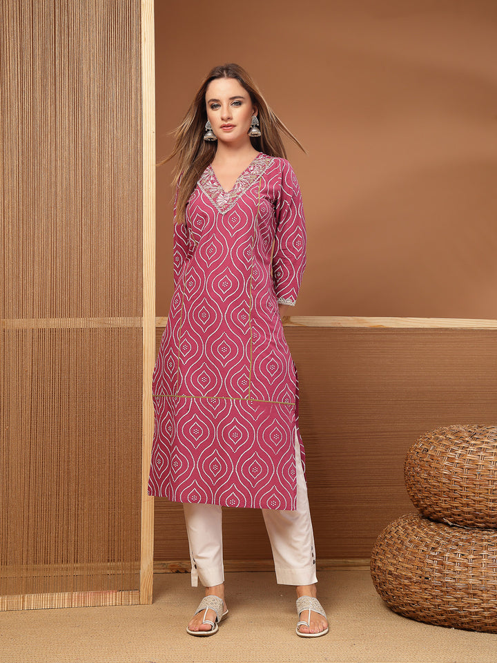 Bandhej Printed &amp; Embroidered Cotton Straight Kurta