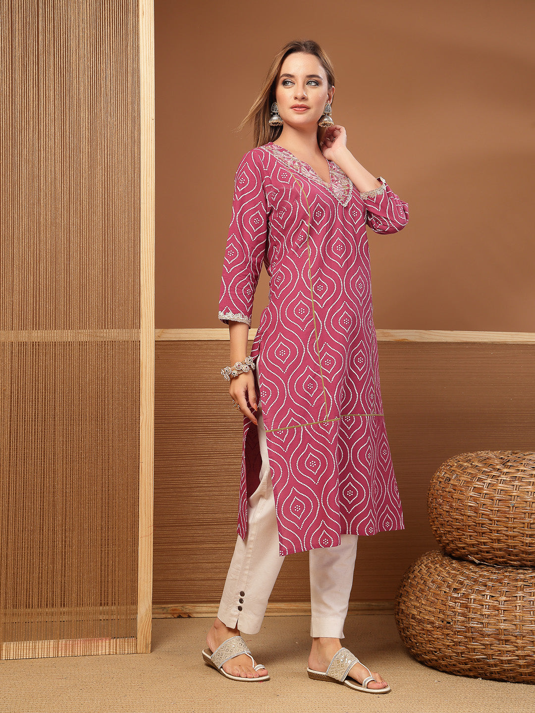 Bandhej Printed &amp; Embroidered Cotton Straight Kurta