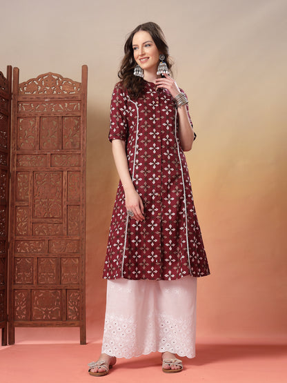 Maroon Bandhej Printed Cotton A-Line Kurta