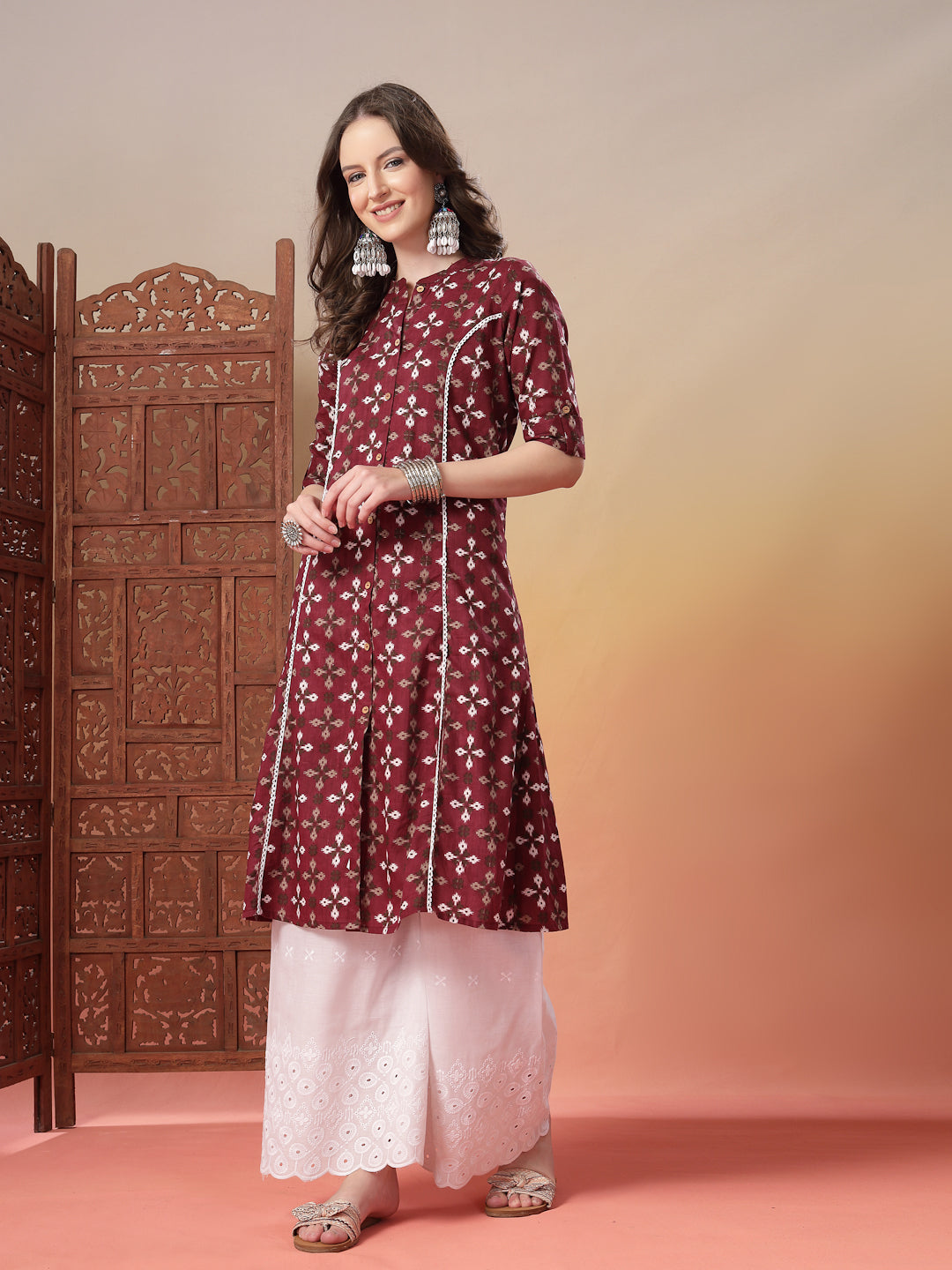 Maroon Bandhej Printed Cotton A-Line Kurta