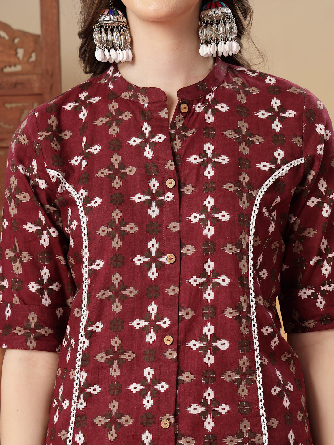 Maroon Bandhej Printed Cotton A-Line Kurta