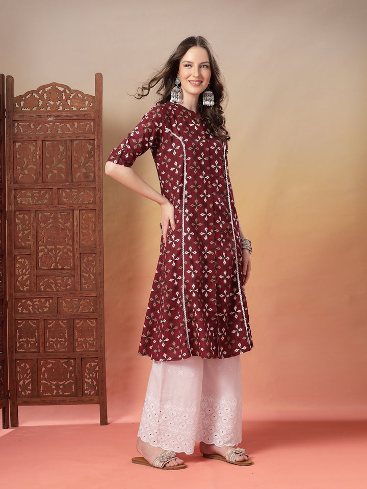 Maroon Bandhej Printed Cotton A-Line Kurta