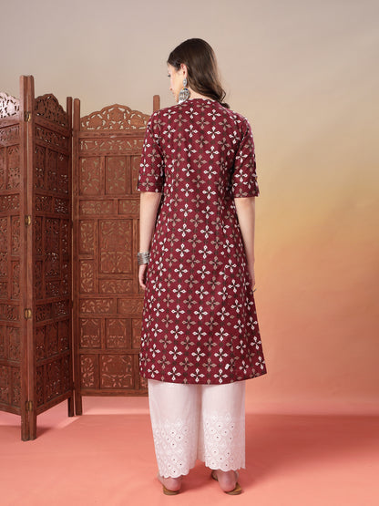 Maroon Bandhej Printed Cotton A-Line Kurta