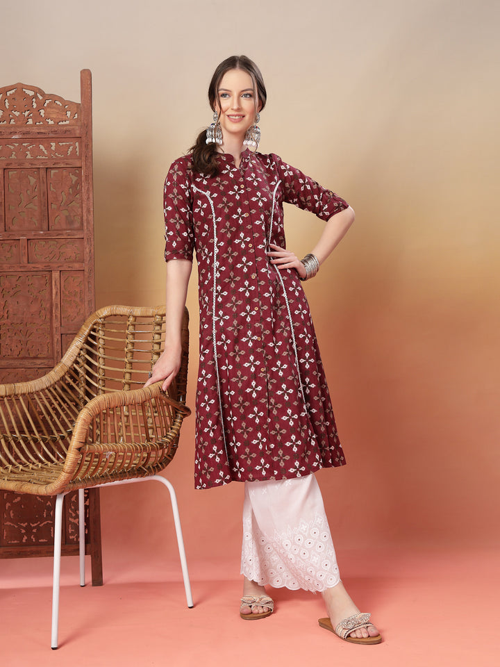 Maroon Bandhej Printed Cotton A-Line Kurta