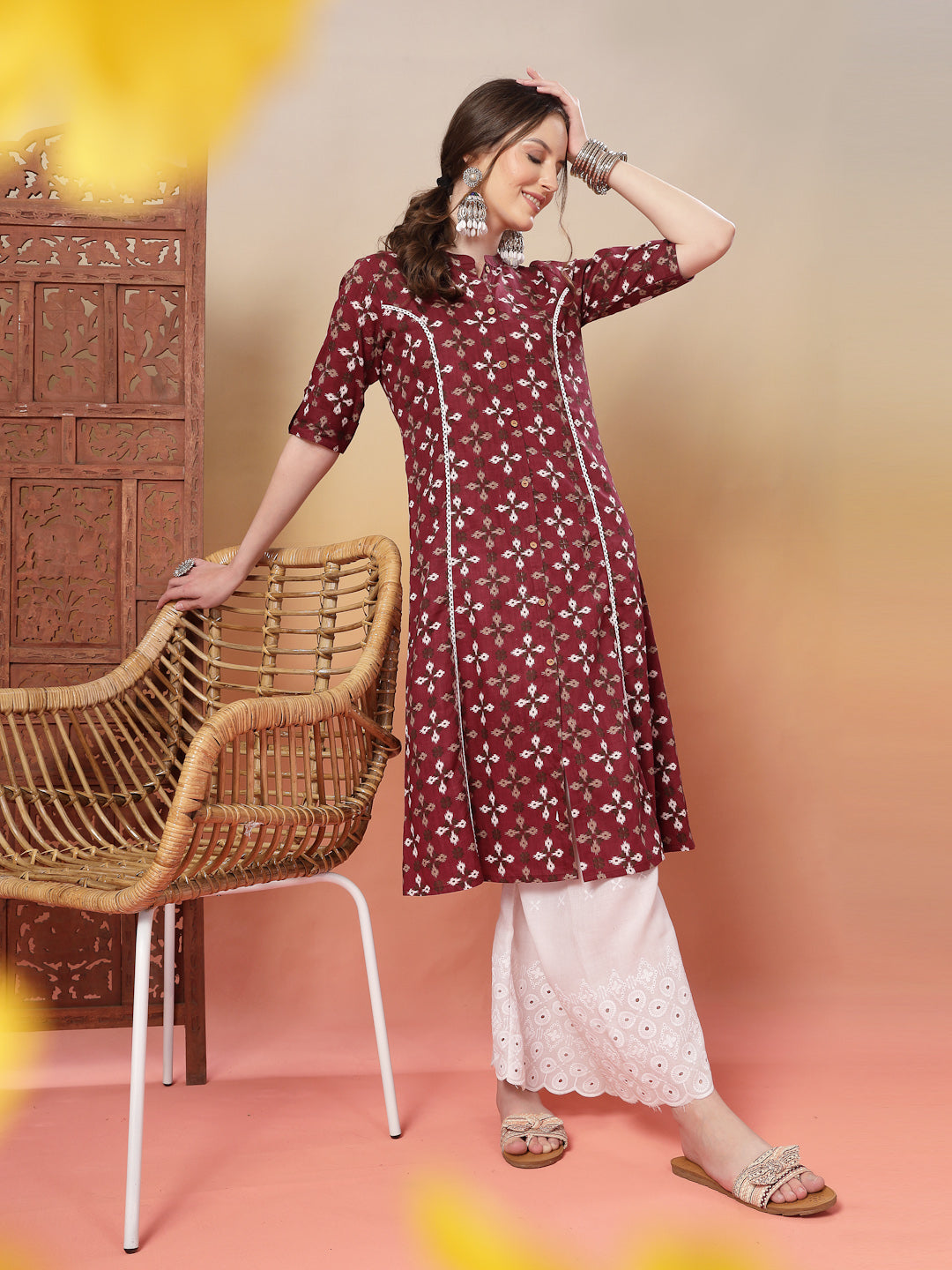 Maroon Bandhej Printed Cotton A-Line Kurta