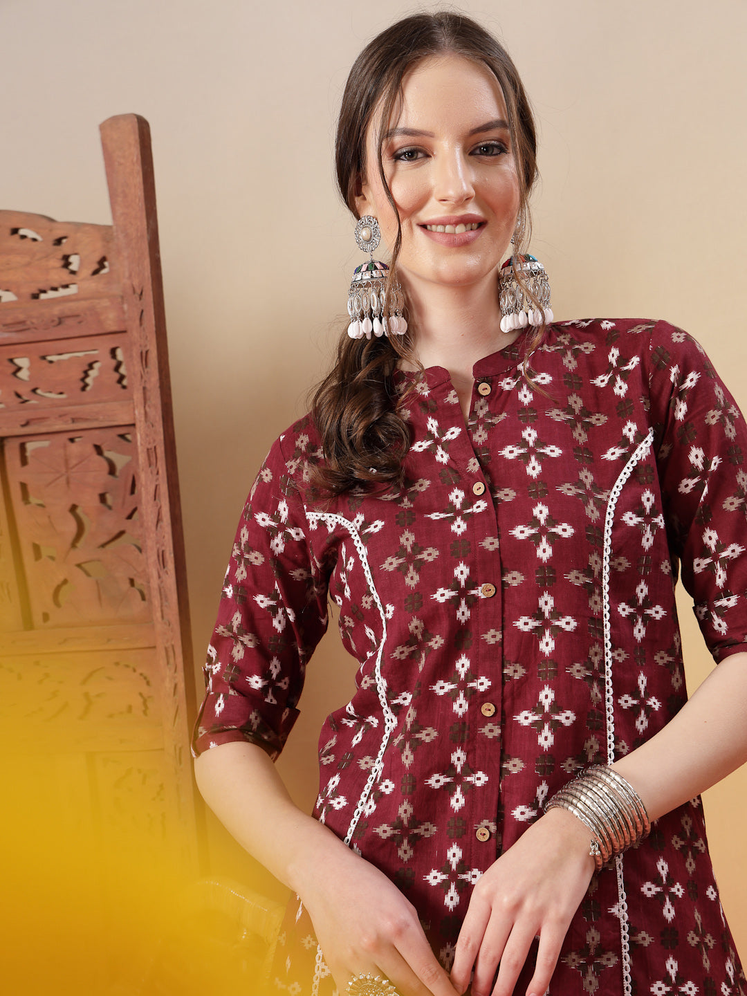 Maroon Bandhej Printed Cotton A-Line Kurta