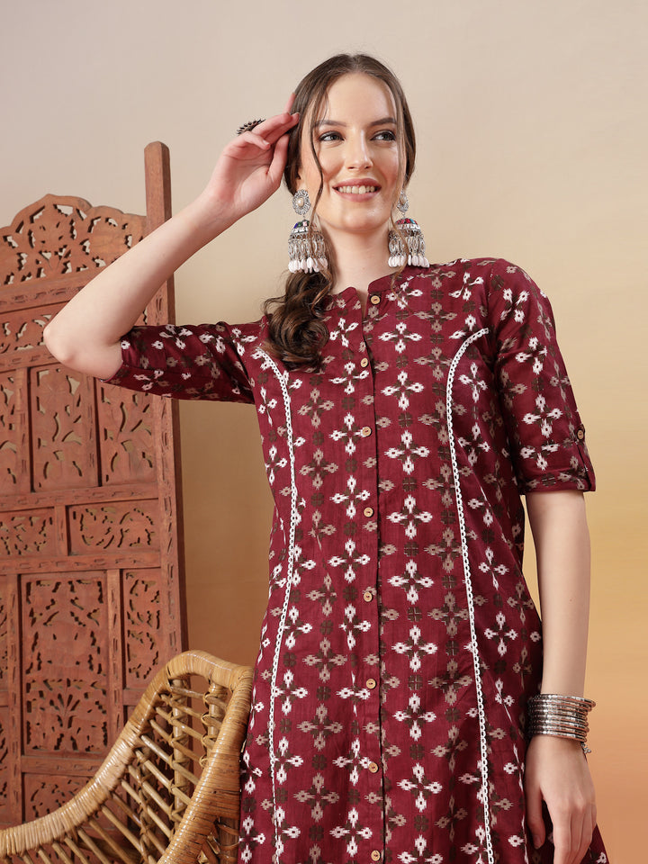 Maroon Bandhej Printed Cotton A-Line Kurta
