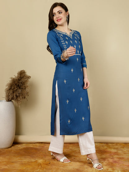 Floral Embroidered  V-Neck Flared Kurta