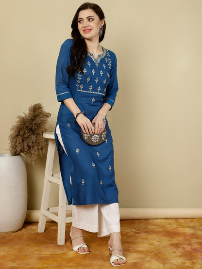 Floral Embroidered  V-Neck Flared Kurta