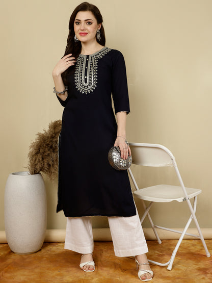 Floral Embroidered  Round Neck Flared Kurta