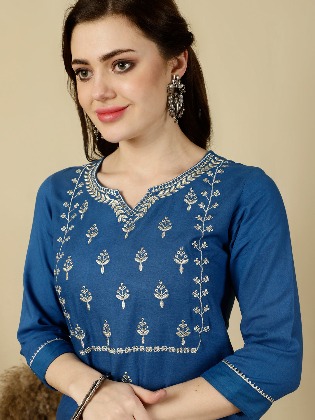 Floral Embroidered  V-Neck Flared Kurta