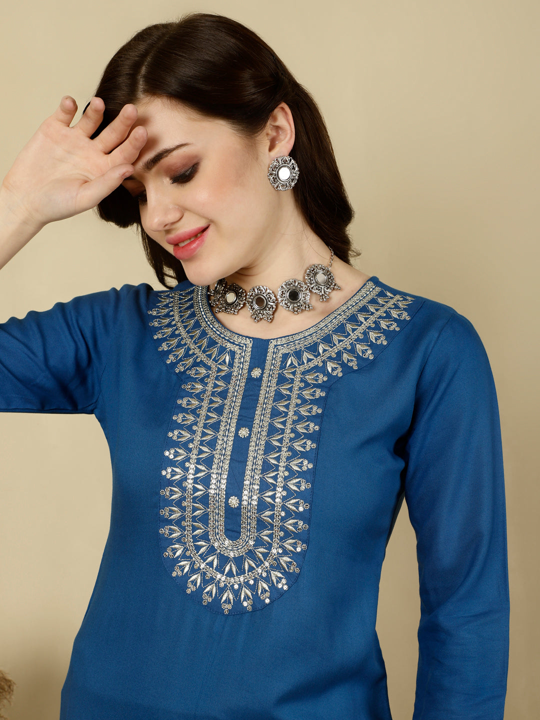 Floral Embroidered  Round Neck Flared Kurta