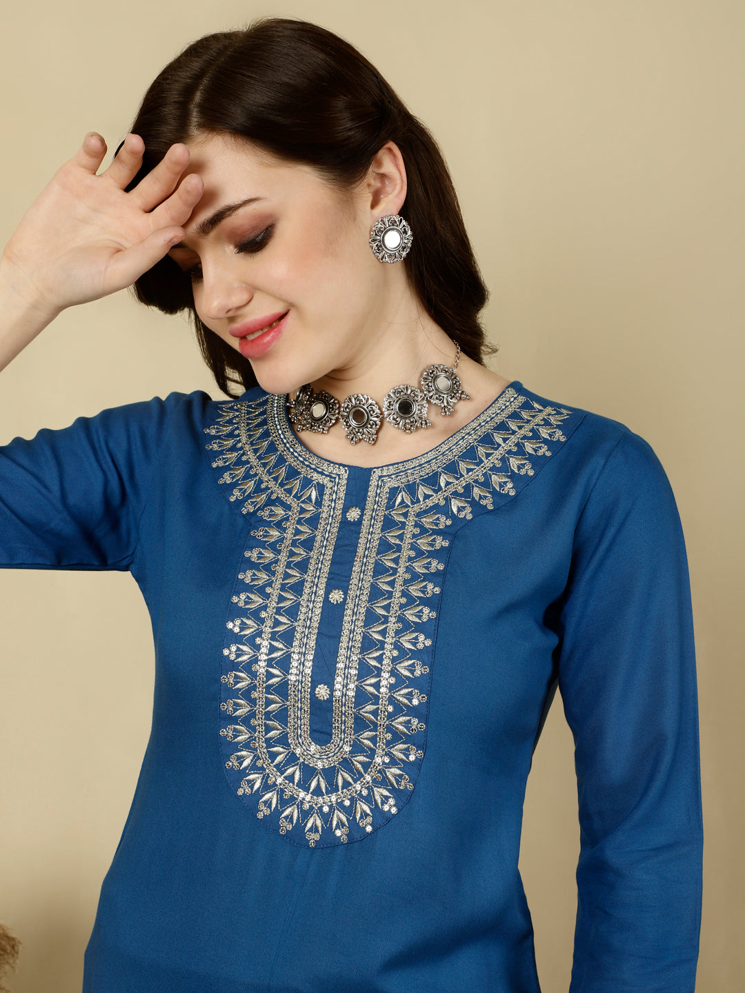 Floral Embroidered  Round Neck Flared Kurta