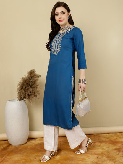 Floral Embroidered  Round Neck Flared Kurta