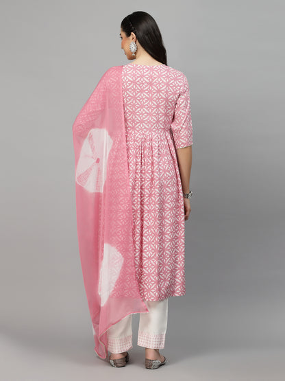 Printed Rayon Naira Cut Kurta Pant Dupatta Set