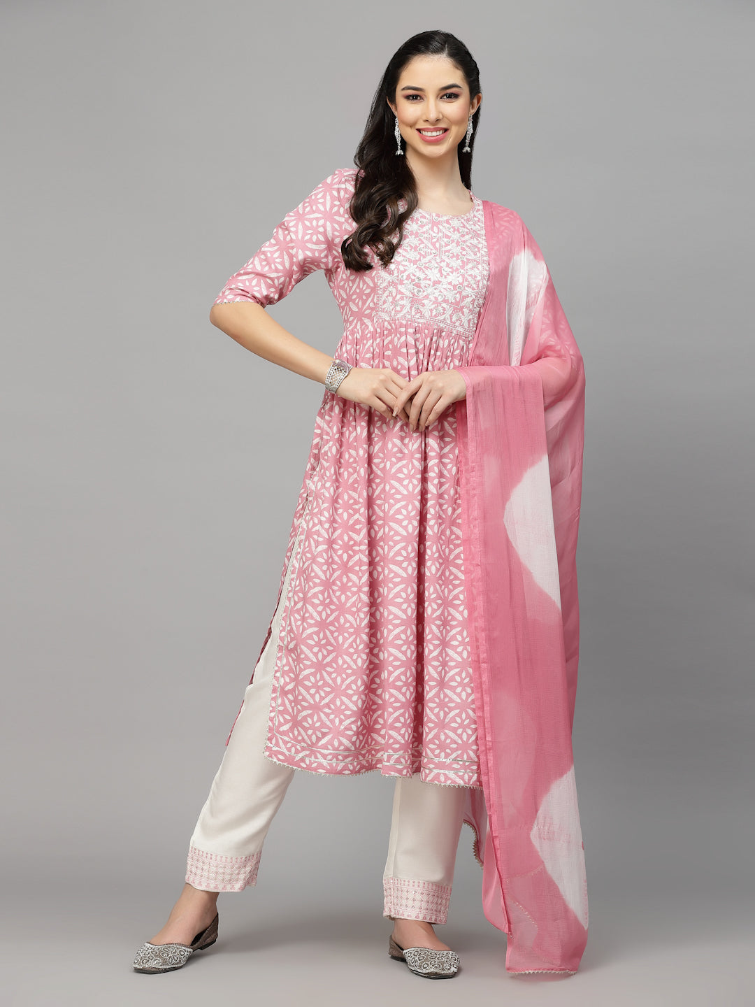 Printed Rayon Naira Cut Kurta Pant Dupatta Set