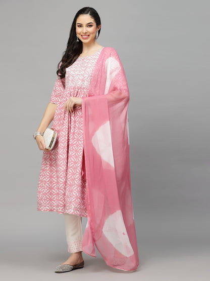 Printed Rayon Naira Cut Kurta Pant Dupatta Set