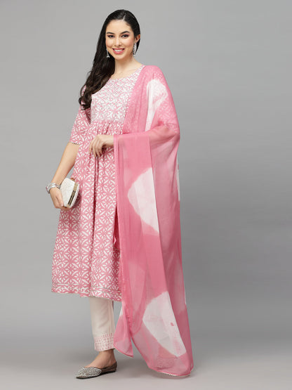 Printed Rayon Naira Cut Kurta Pant Dupatta Set (Pre-Order)