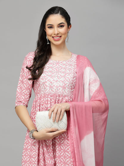 Printed Rayon Naira Cut Kurta Pant Dupatta Set