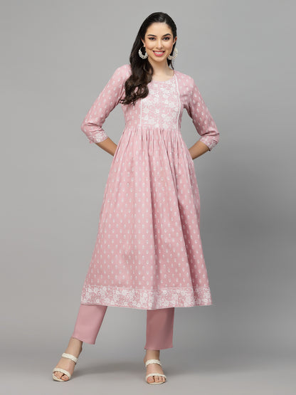 Printed Rayon Naira Cut Kurta Pant Dupatta Set