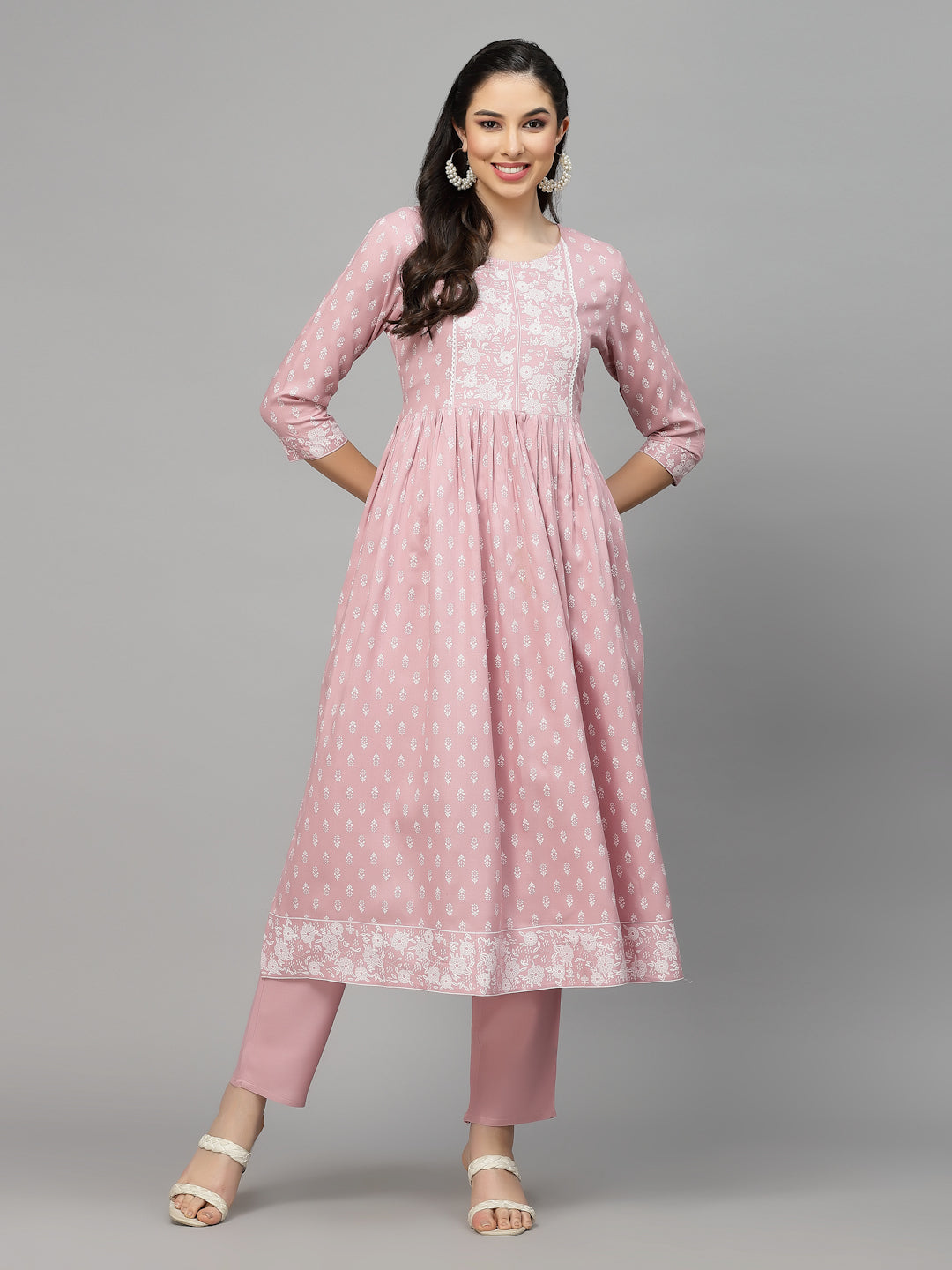 Printed Rayon Naira Cut Kurta Pant Dupatta Set (Pre-Order)