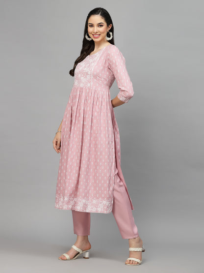 Printed Rayon Naira Cut Kurta Pant Dupatta Set