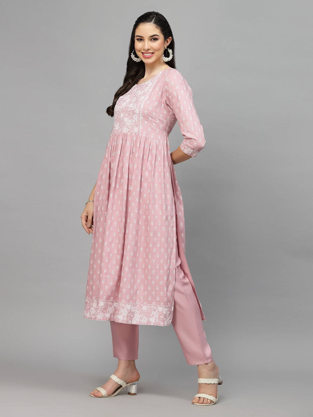 Printed Rayon Naira Cut Kurta Pant Dupatta Set (Pre-Order)