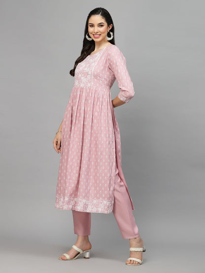 Printed Rayon Naira Cut Kurta Pant Dupatta Set (Pre-Order)