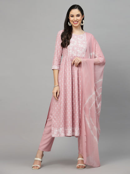 Printed Rayon Naira Cut Kurta Pant Dupatta Set