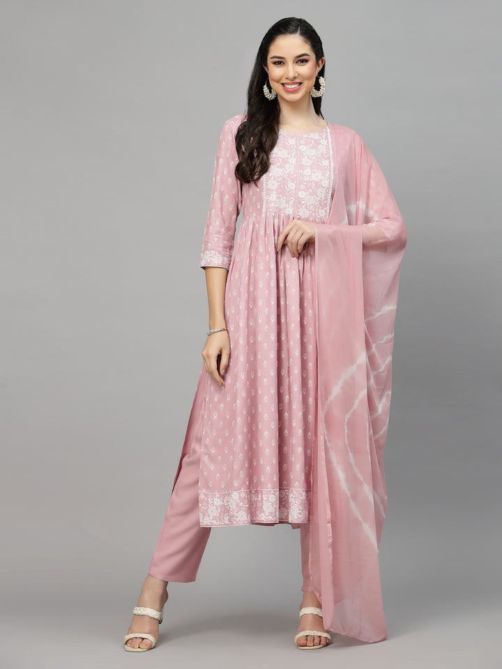 Printed Rayon Naira Cut Kurta Pant Dupatta Set