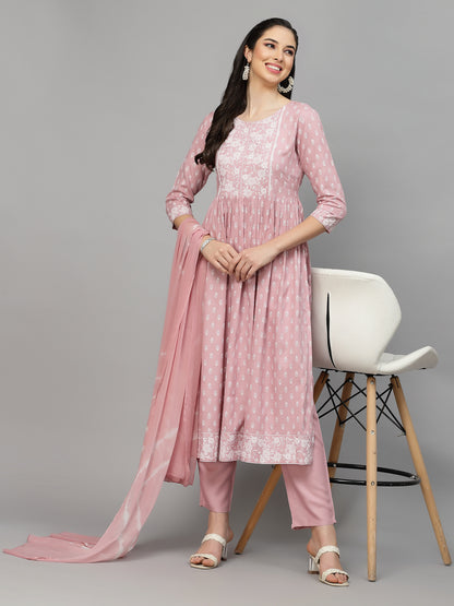Printed Rayon Naira Cut Kurta Pant Dupatta Set