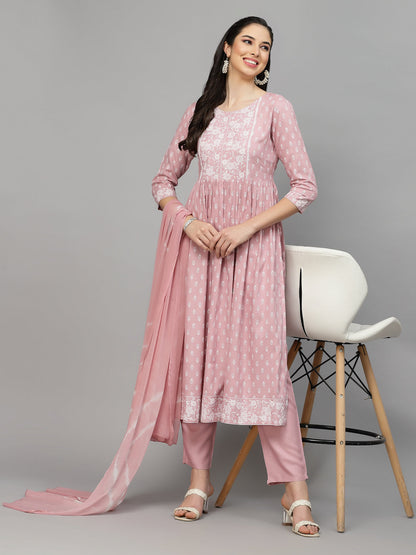 Printed Rayon Naira Cut Kurta Pant Dupatta Set (Pre-Order)