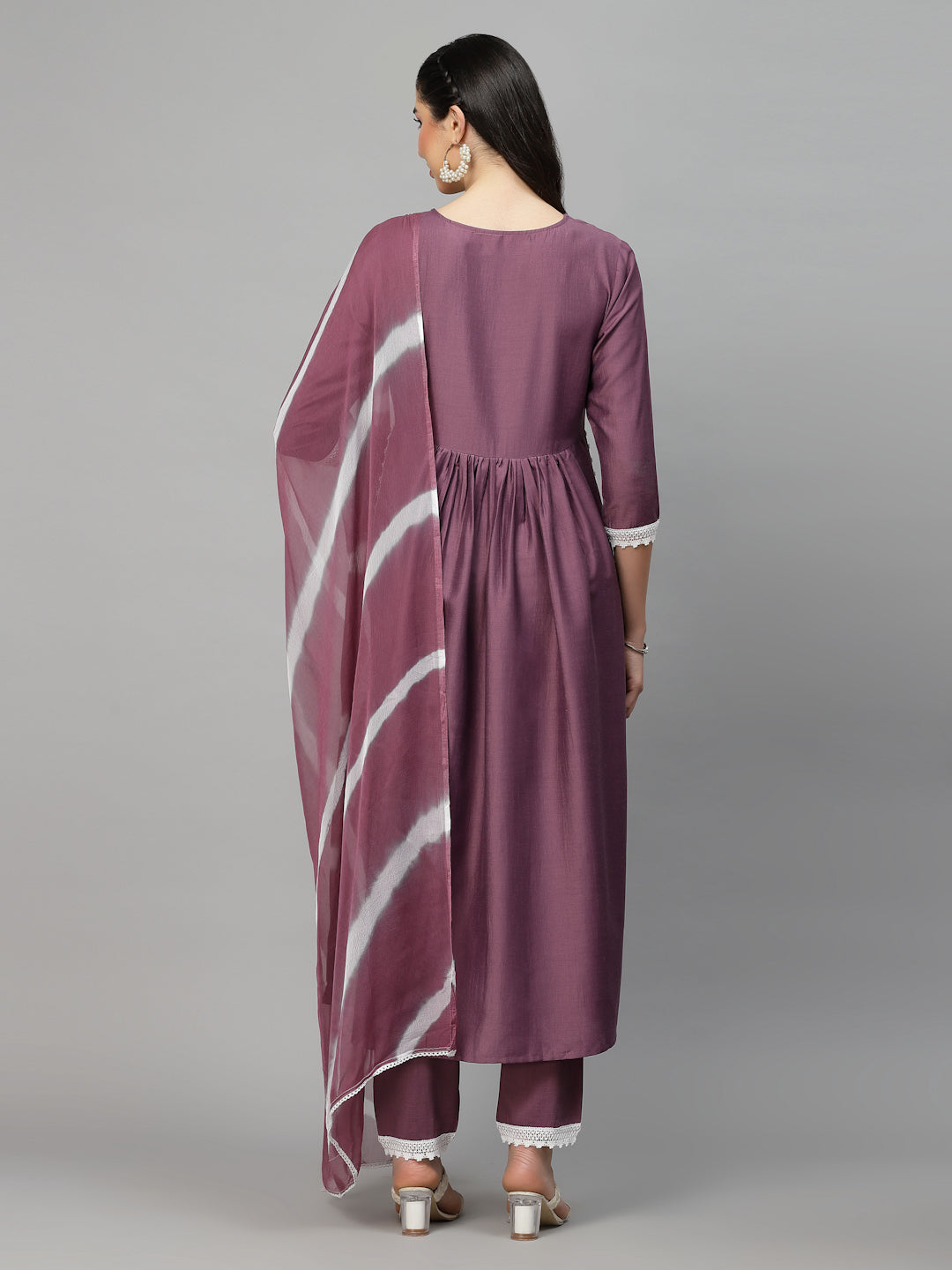 Solid Chinnon Naira Cut Kurta Pant Dupatta Set