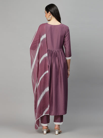 Solid Chinnon Naira Cut Kurta Pant Dupatta Set