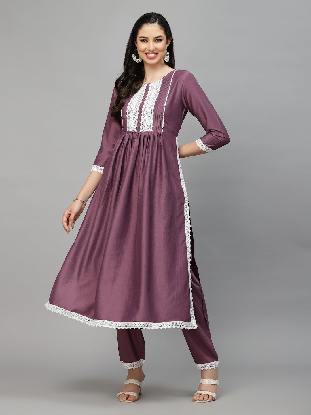 Solid Chinnon Naira Cut Kurta Pant Dupatta Set (Pre-Order)