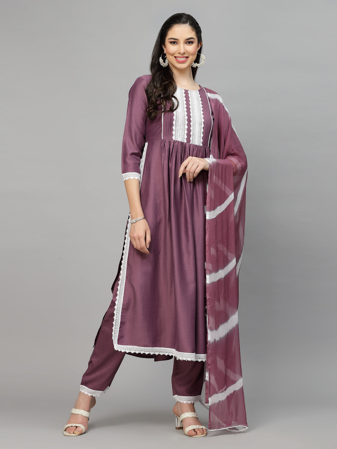 Solid Chinnon Naira Cut Kurta Pant Dupatta Set