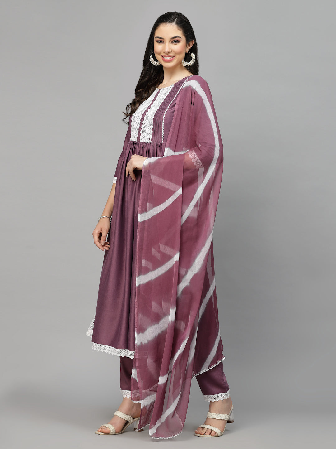 Solid Chinnon Naira Cut Kurta Pant Dupatta Set