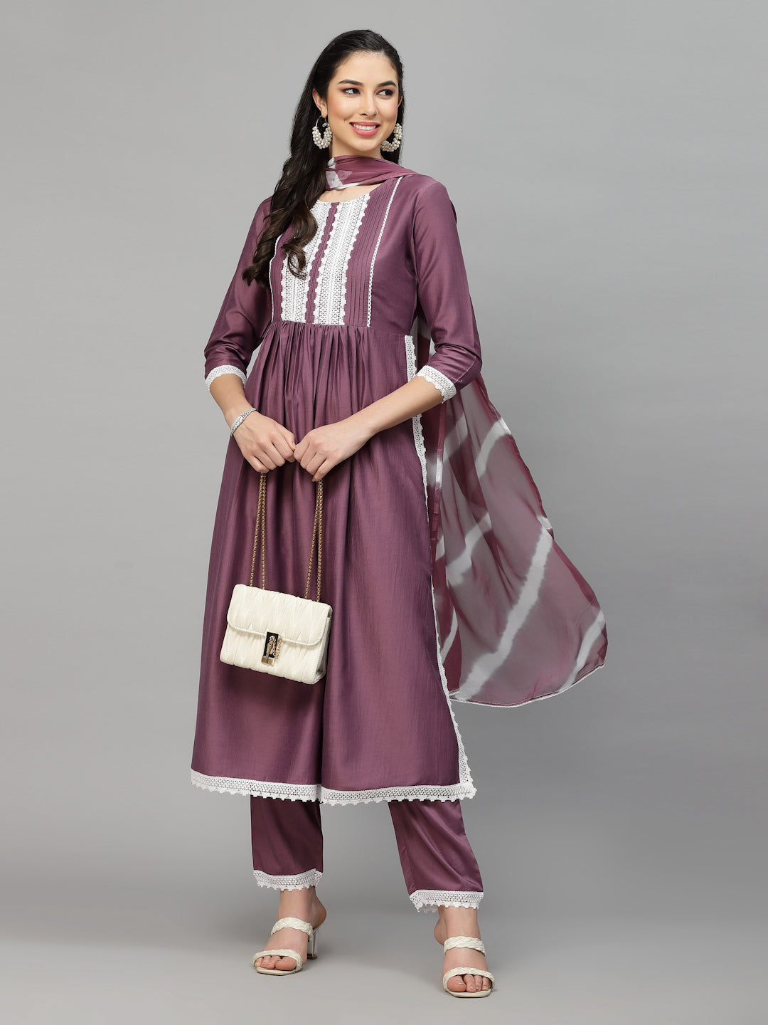 Solid Chinnon Naira Cut Kurta Pant Dupatta Set
