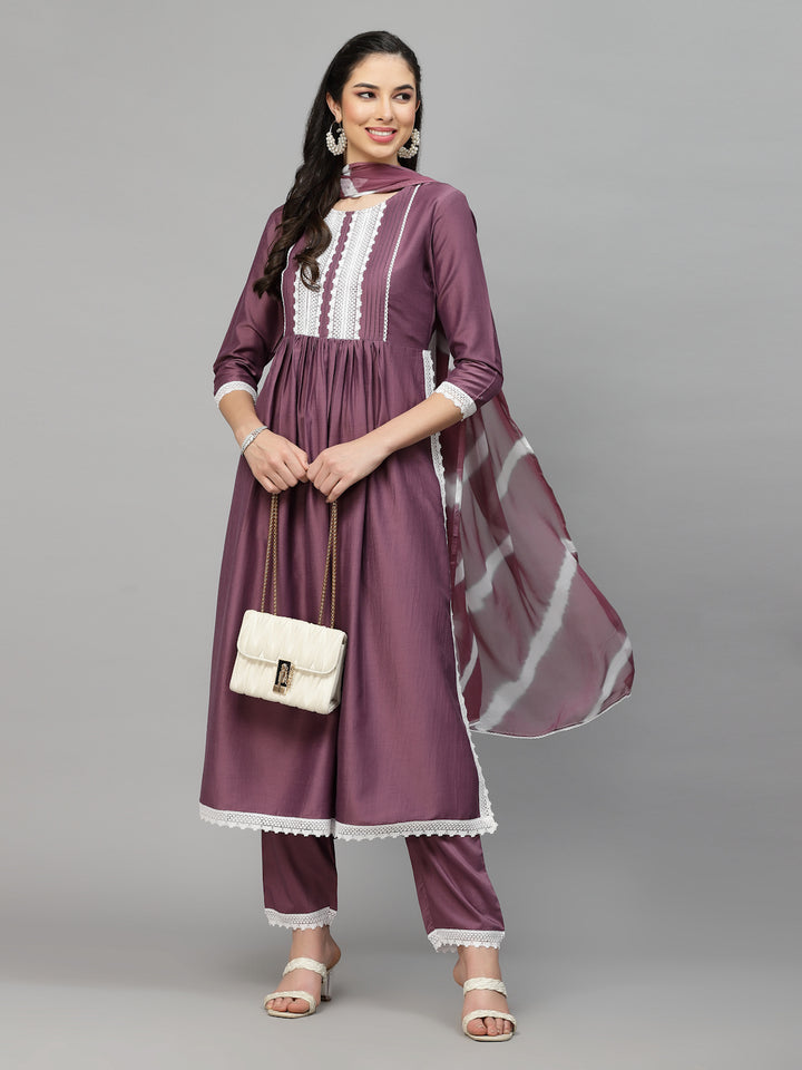 Solid Chinnon Naira Cut Kurta Pant Dupatta Set