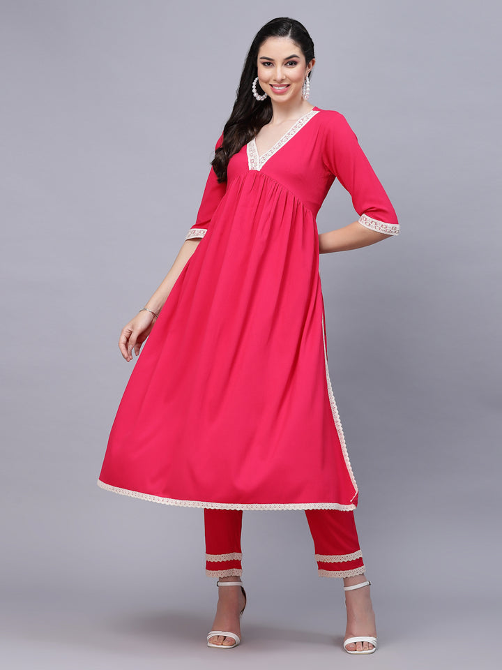 Solid Rayon Naira Cut Kurta Pant Dupatta Set