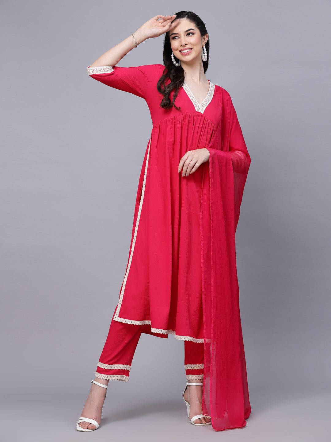 Solid Rayon Naira Cut Kurta Pant Dupatta Set